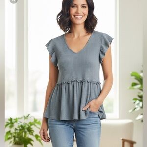 Charcoal V-Neck Ruffle Blouse